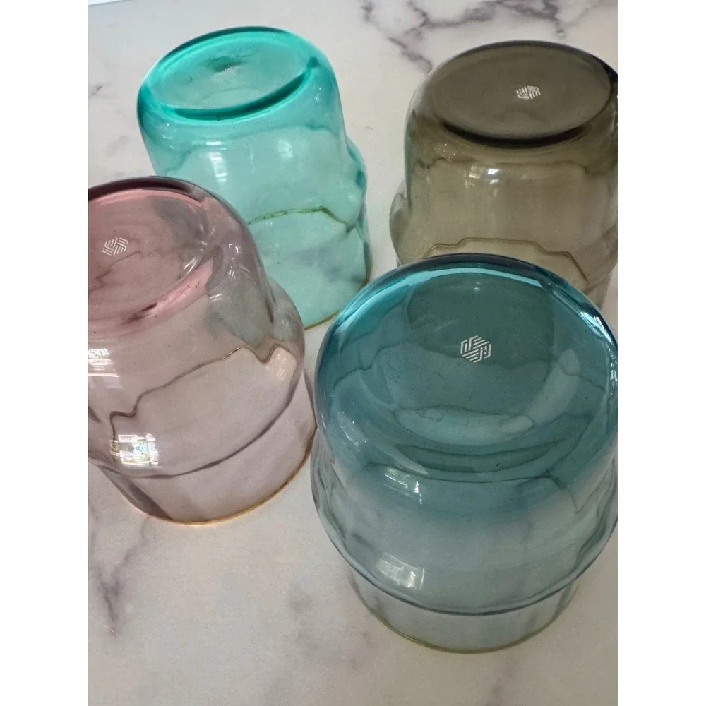 Set of 4 Stackable Colored Glass Tumblers with Gold Rim Mixed Jewel Tone Colors‎